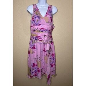 VTG Rickie Freeman Silk Dress SZ 8 Pink Floral Teri Jon Y2K Ruffle Sleeveless